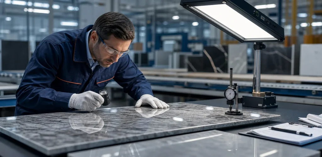 Sengu quality control inspection for architectural surface material manufacturing